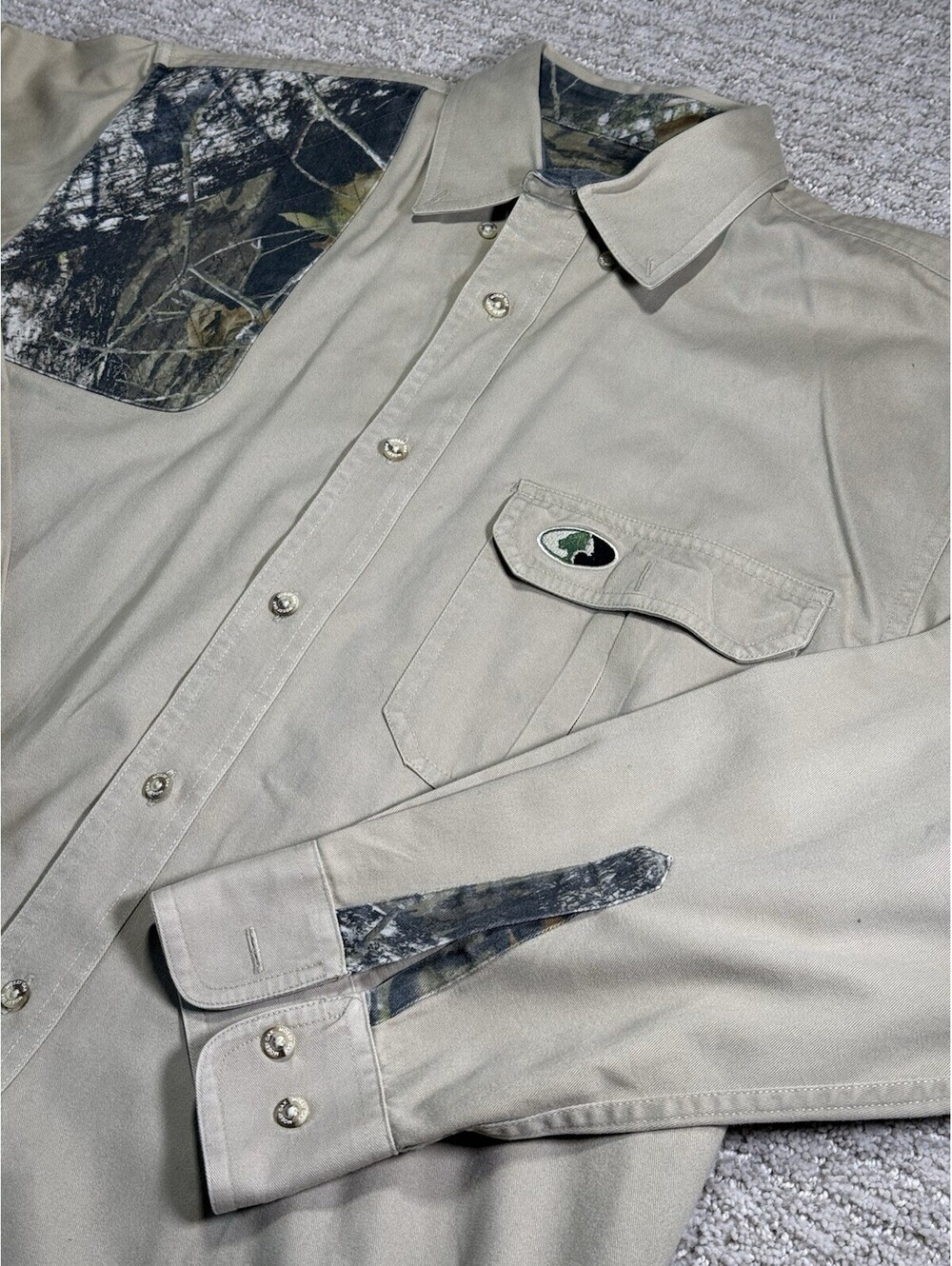 Mossy Oak Mens Shirt Medium Tan Brown Camo Ridgeline Hunting Cotton Twill